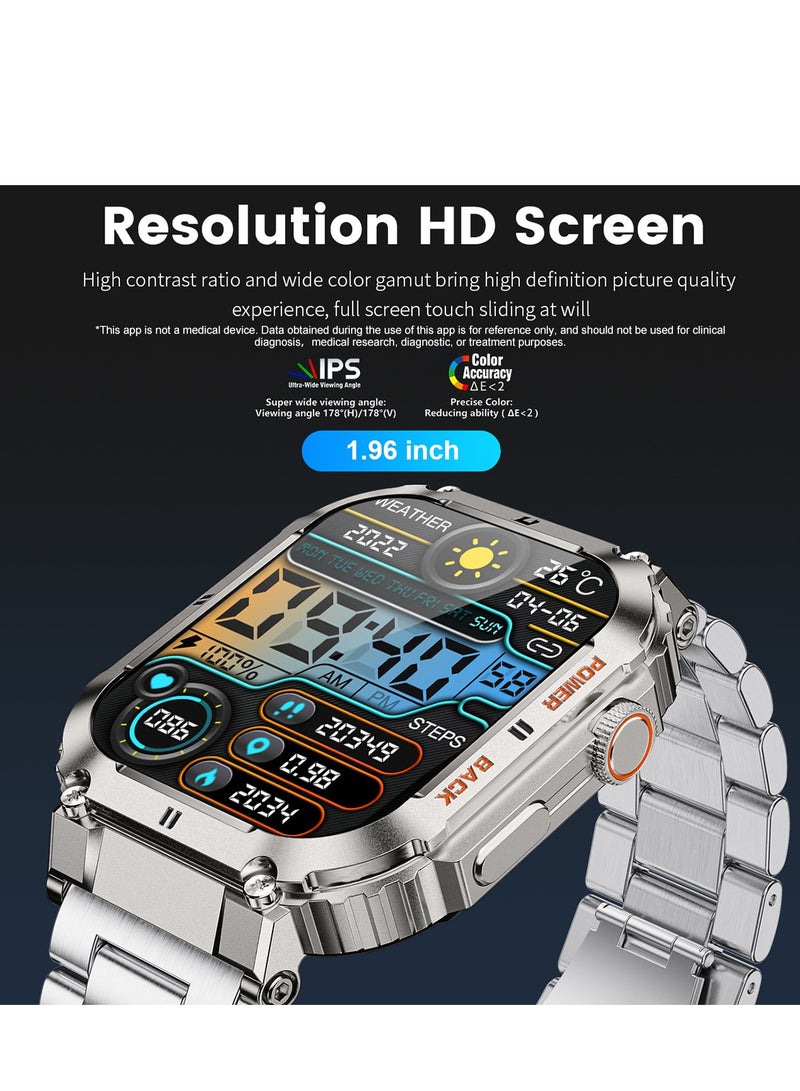 Smart Watch for Men Bluetooth Calling 1.95 AMOLED Screen Sport Fitness Tracker Waterproof Smartwatch for Android iOS with Silver Steel Band - Image 5