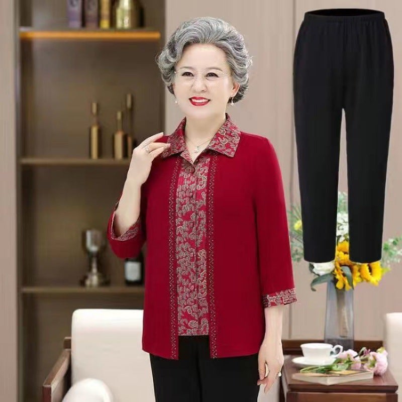 Middle-aged and elderly womens clothing fashionable new fake two-piece shirt shirt mom wear plus size shirt grandma wear temperament top Red [Top + pants]]