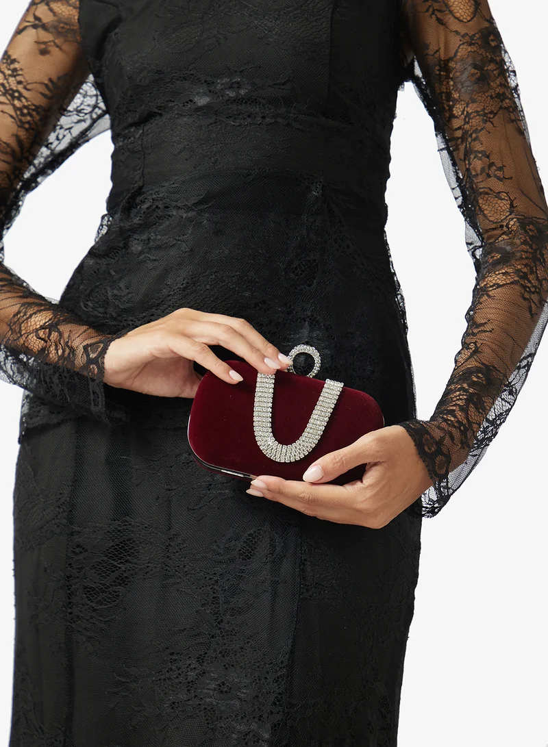 Khizana Burgandy Silver Rhinestone Diamonte Embellished Clutch for Women | Best Price UAE