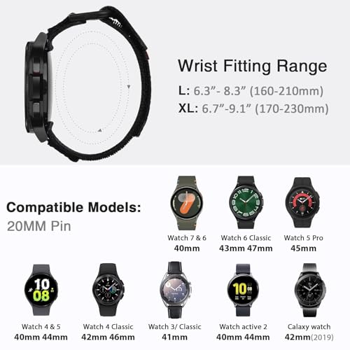 Nereides Band Compatible with Samsung Galaxy Watch 7 6 5 4 40mm 44mm/ Watch 6 4 Classic/Watch 5 Pro/Watch 3 Classic 41mm/Active 2, 20mm Nylon Replacement Sports Strap for Men Women(Black,L) - Image 4