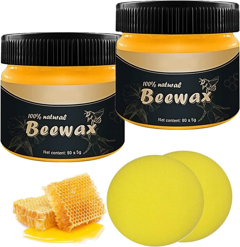 BeeWax تلميع الأثاث بشمع العسل، 2 قطعة من تلميع الخشب بشمع العسل مع 2 قطعة إسفنج للأثاث، واقي شامل لأرضيات الخشب، يحمي طاولة الطعام، أبواب الأرضيات، الكراسي والخزائن - Image 1