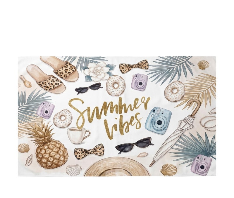 بشكير بحر SUMMER VIBES برسمة أناناس استوائية – أبيض × بني – 140 × 70 سم - Image 1