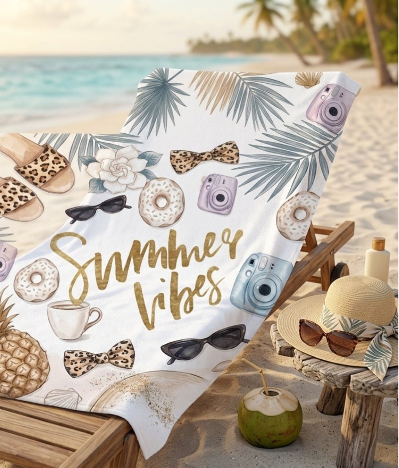 بشكير بحر SUMMER VIBES برسمة أناناس استوائية – أبيض × بني – 140 × 70 سم - Image 2