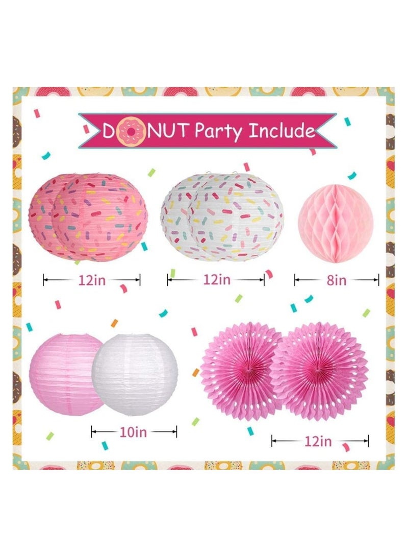 إسكدنيا Donut Birthday Party Decorations, 9Pcs Supplies Lanterns Paper Fan Honeycomb Ball Hanging for Baby Shower Kids Ice Cream Decorations (Pink) - Image 3