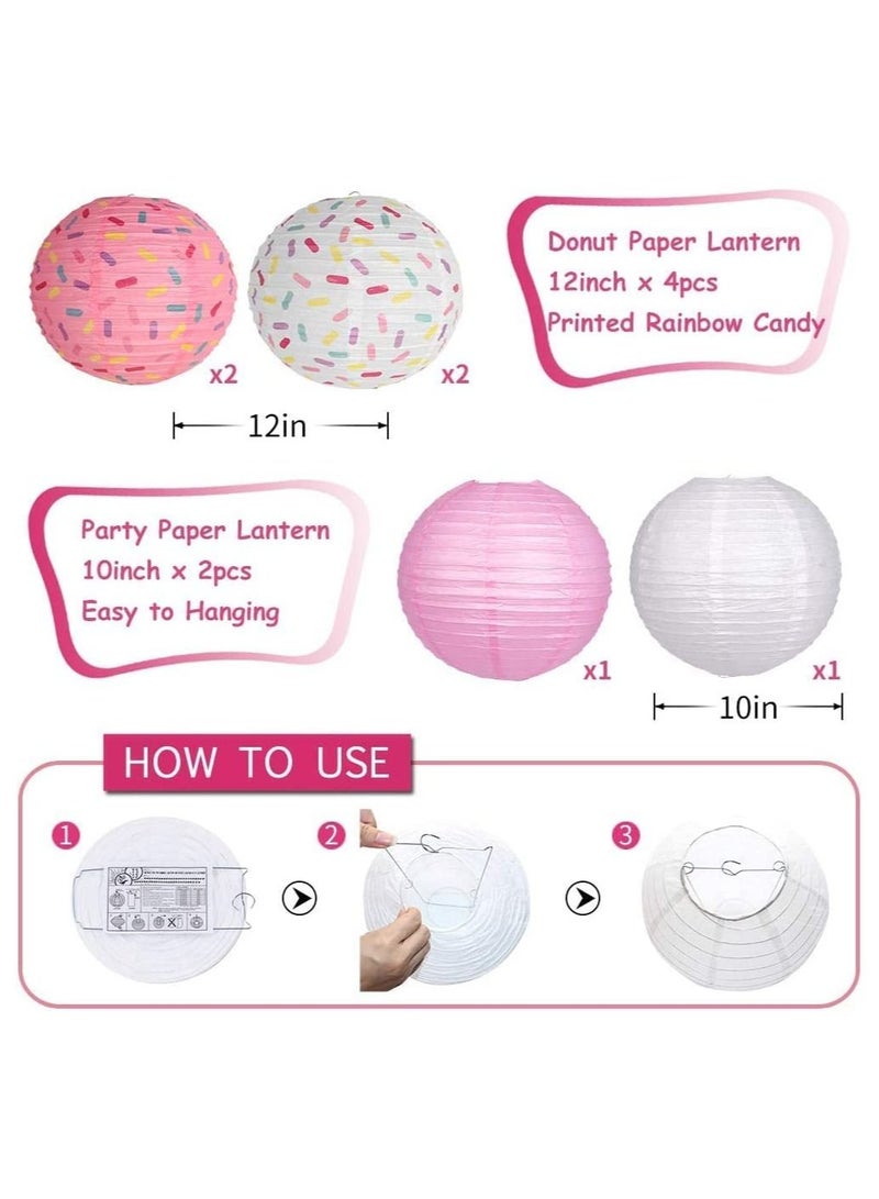 إسكدنيا Donut Birthday Party Decorations, 9Pcs Supplies Lanterns Paper Fan Honeycomb Ball Hanging for Baby Shower Kids Ice Cream Decorations (Pink) - Image 4