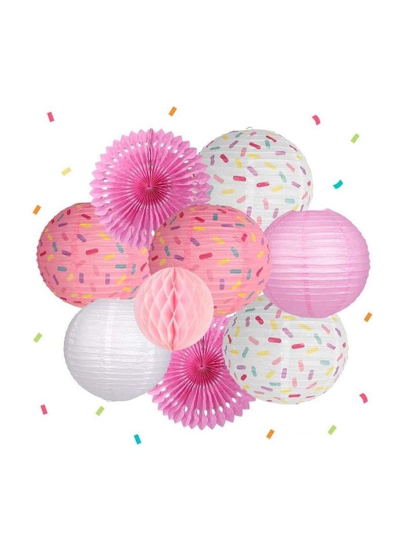 إسكدنيا Donut Birthday Party Decorations, 9Pcs Supplies Lanterns Paper Fan Honeycomb Ball Hanging for Baby Shower Kids Ice Cream Decorations (Pink) - Image 1