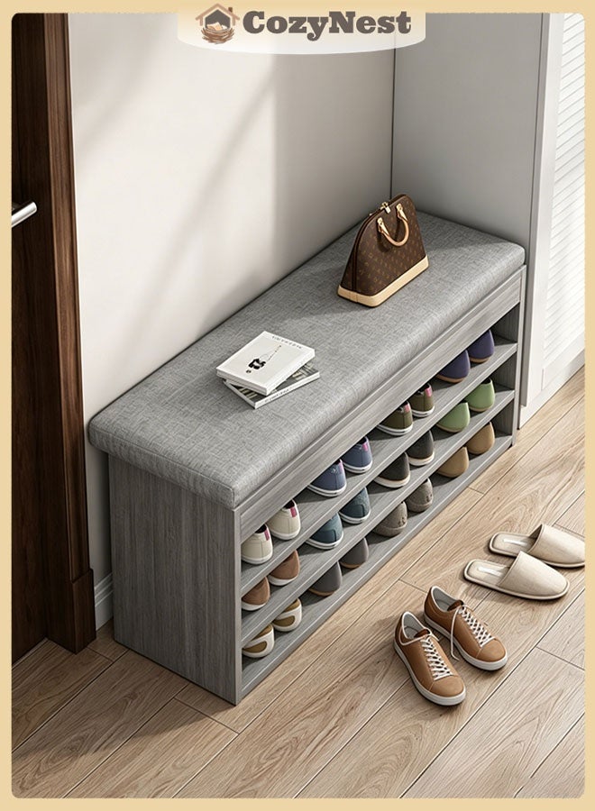CozyNest Shoe storage cabinet with cushion, grey large-capacity 3-tier shoe rack with soft seat cushion, entryway shoe storage bench for bedroom, living room and corridor. - Image 1