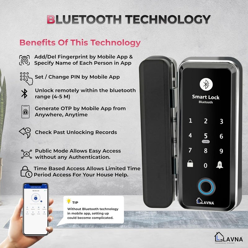 LAVNA قفل باب زجاجي ذكي رقمي | 6 طرق لفتح القفل | بصمة، تطبيق موبايل، تحكم عن بعد، بطاقة RFID، OTP، PIN للأبواب الزجاجية المقواة 10-12 مم فقط | تركيب مجاني (LA5 بلوتوث) - Image 2
