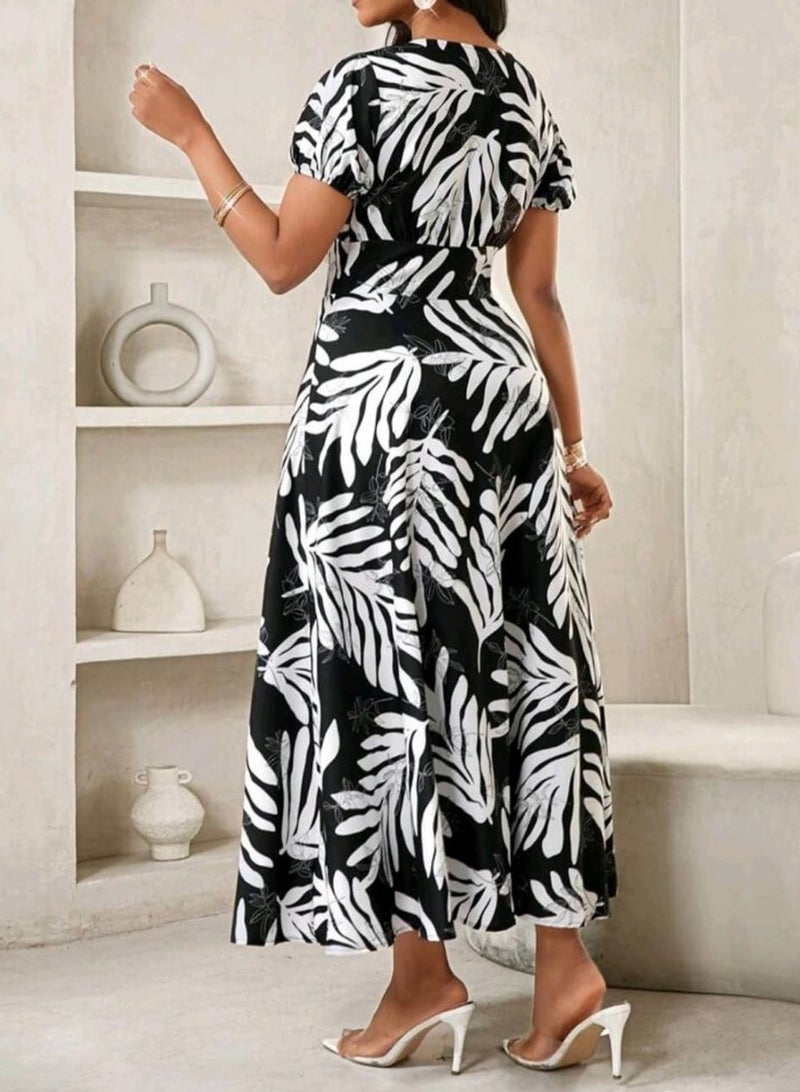 Shein SHEIN Lady Women's Boho Long Dress With Scoop Neck, Short Sleeves, And Tropical Leaf Print  - Image 2