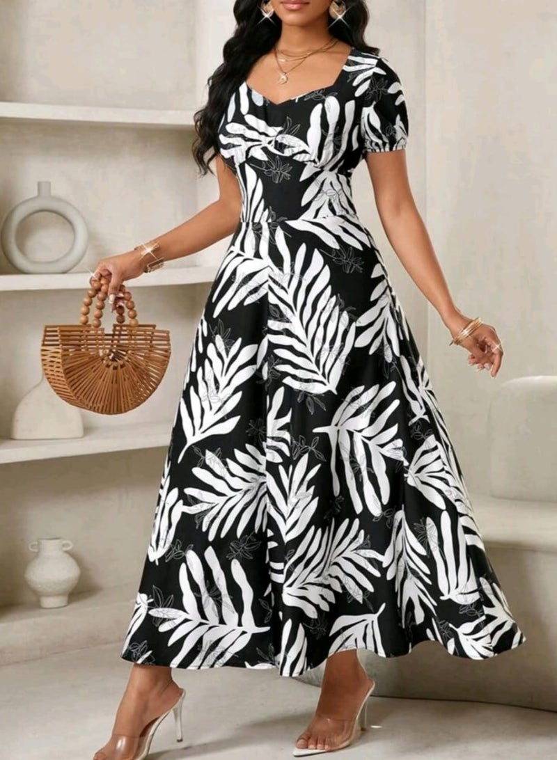 Shein SHEIN Lady Women's Boho Long Dress With Scoop Neck, Short Sleeves, And Tropical Leaf Print  - Image 3
