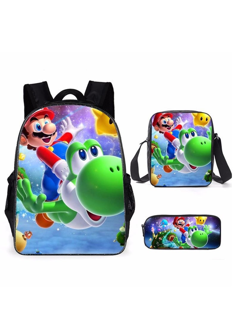 Mario cartoon backpack, primary and secondary school student backpack, large capacity backpack, three piece set, single shoulder bag, pencil case, unisex - Image 1