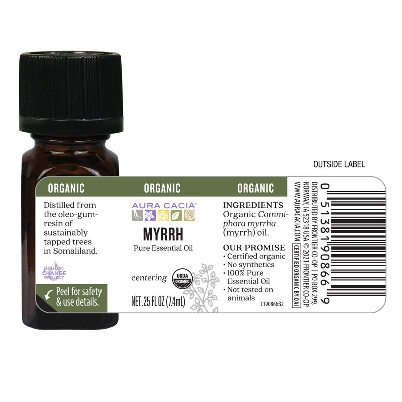 Aura Cacia Organic Myrrh Oil, 0.25 fl. oz. Pure and Natural Myrrh Essential Oil for Skin and Hair Care, Aromatherapy, Body Massage and Humidifiers, Vegan