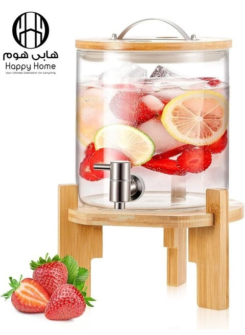 موزع مشروبات زجاجي  بسعة 5 لتر مع حامل خشبى مع حنفية من الستانلس ستيل وغطاء موزع للثلاجة للمشروبات الساخنة او الباردة والماء والعصير والسوائل والشاي المثلج