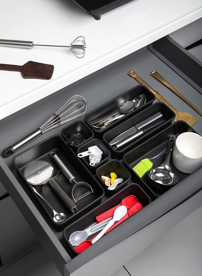 DIKPUL GROUP DIKPUL 8-Piece Drawer Organizer Set – Interlocking Plastic Divider Trays for Cutlery, Flatware, Makeup, Office & Desk Storage (Black) - Image 3