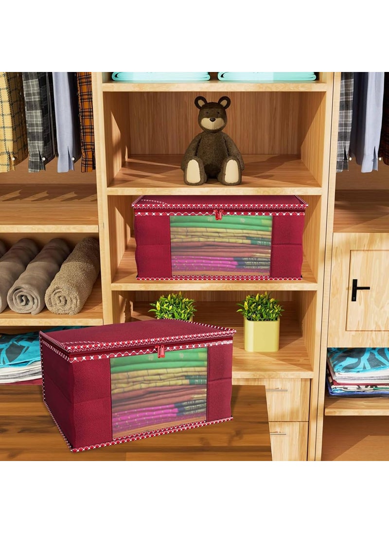 AARON INC AARON INC Non Woven Fabric Saree Cover With Zip Clothes Organiser For Wardrobe Transparent Window Storage Box for Clothes Storage Bags for Cloth Large Size Saree Bags Maroon Pack of 3  - Image 2