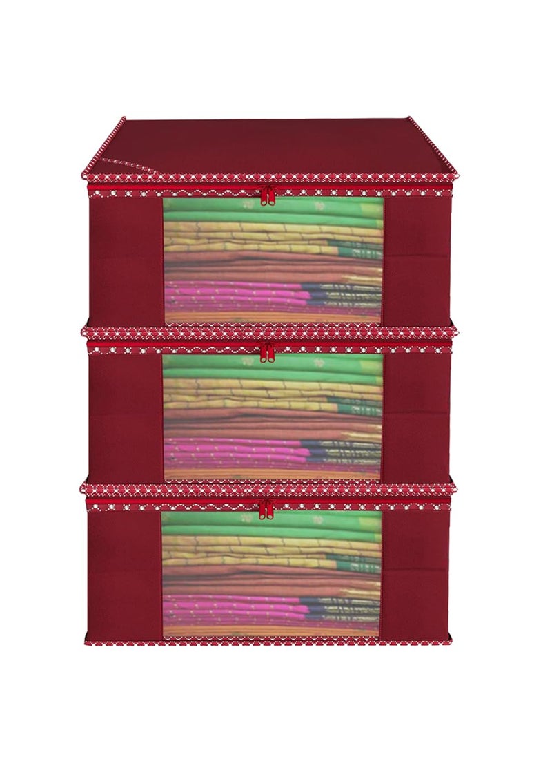 AARON INC AARON INC Non Woven Fabric Saree Cover With Zip Clothes Organiser For Wardrobe Transparent Window Storage Box for Clothes Storage Bags for Cloth Large Size Saree Bags Maroon Pack of 3  - Image 1