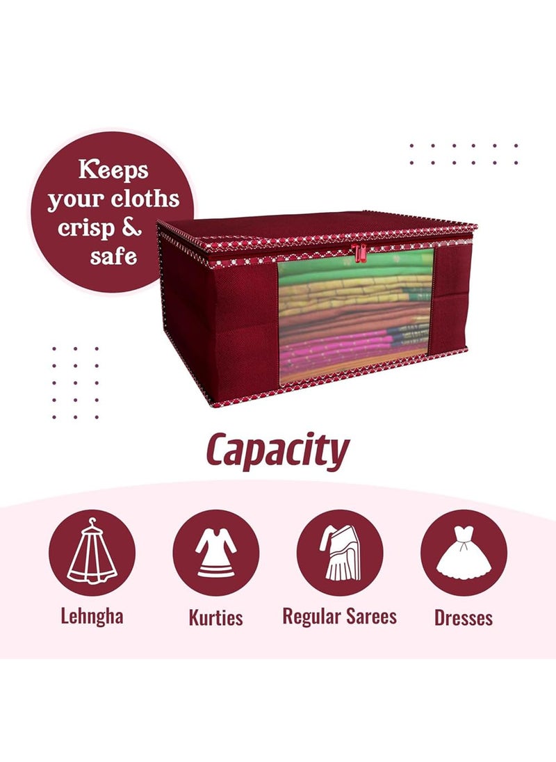 AARON INC AARON INC Non Woven Fabric Saree Cover With Zip Clothes Organiser For Wardrobe Transparent Window Storage Box for Clothes Storage Bags for Cloth Large Size Saree Bags Maroon Pack of 3  - Image 3