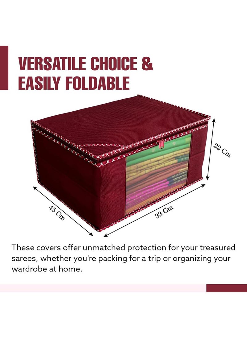 AARON INC AARON INC Non Woven Fabric Saree Cover With Zip Clothes Organiser For Wardrobe Transparent Window Storage Box for Clothes Storage Bags for Cloth Large Size Saree Bags Maroon Pack of 3  - Image 5