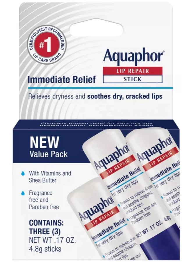 Aquaphor Lip Repair Stick Lip Balm Value Pack (0.51 Oz Total, Pack of 3) – Daily Moisturizing Care for Dry & Chapped Lips, with Shea Butter & Vitamins, Fragrance-Free - Image 2