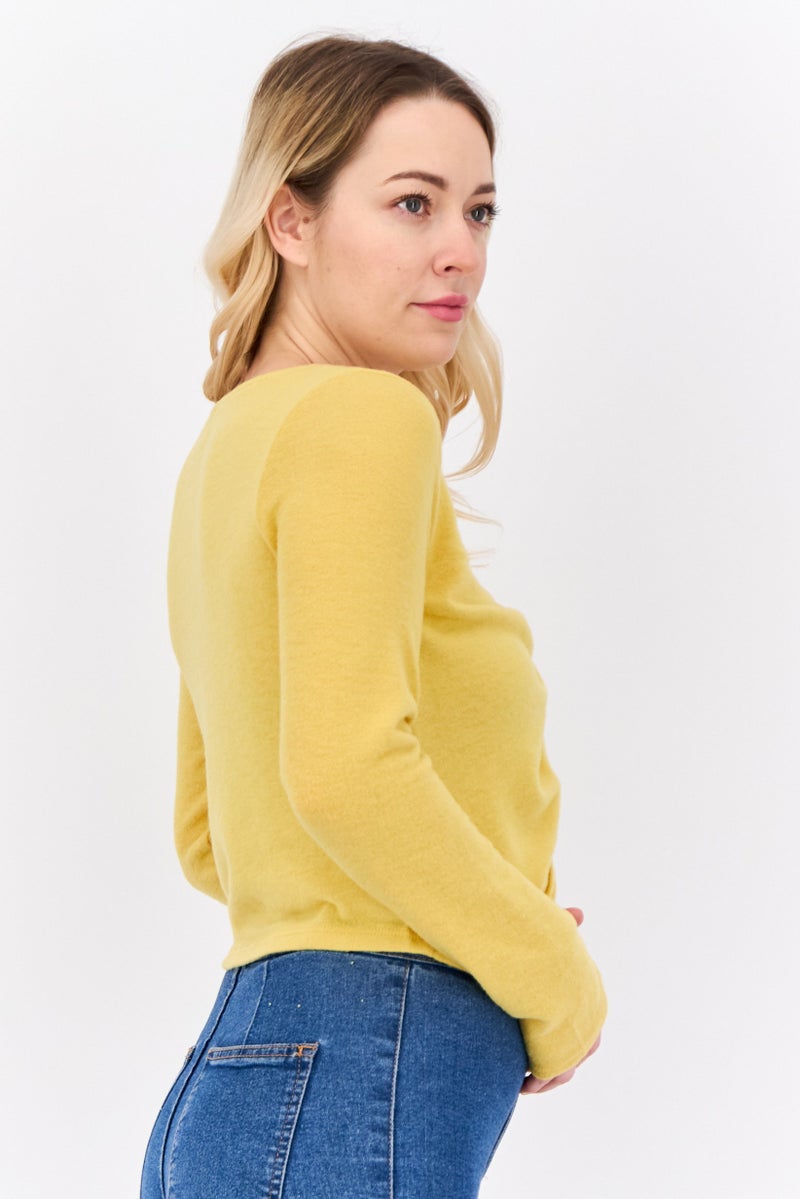 POOF Women Crew Neck Long Sleeves Plain Top, Yellow - Image 2
