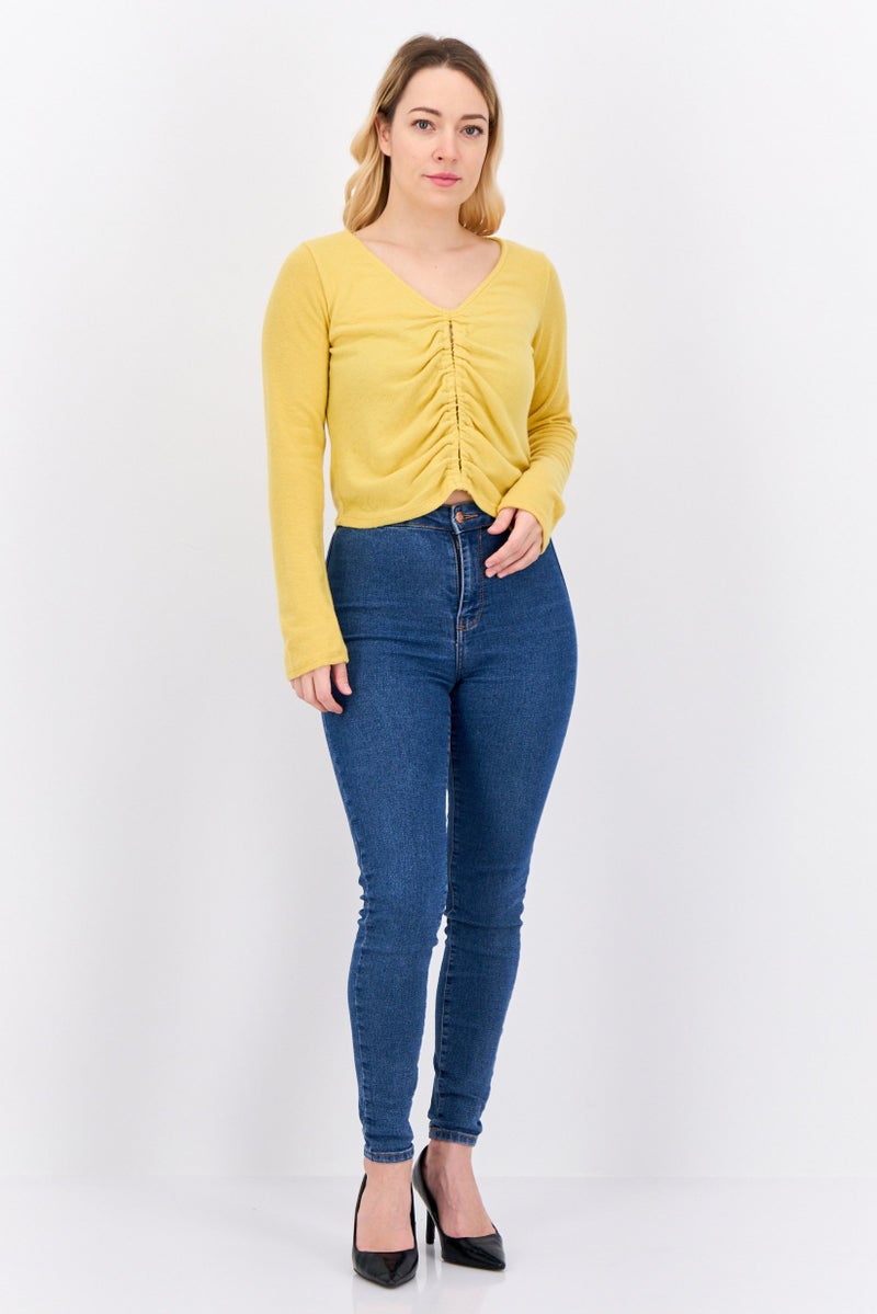 POOF Women Crew Neck Long Sleeves Plain Top, Yellow - Image 4