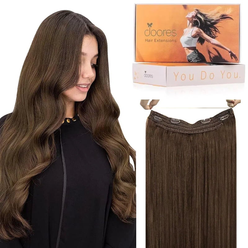 DOORES Wire Hair Extensions 16 Inch 95g Remy Human Wire Hair Extensions Invisible Transparent Line Adjustable Hairpieces Secret Extensions Straight Hair Chocolate Brown