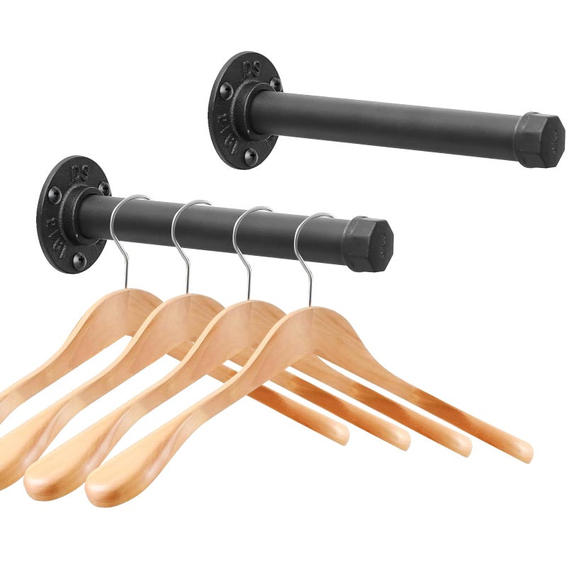 Cazzon Cast Iron Wall Mounted Clothes Rack, Heavy Duty Industrial Pipe Clothing Rack for Hanging Clothes, Garment Racks for Wardrobe Organizers and Storage, DIY Closet Rods Closet Bar (Black 2 Pack, 8 in) - Image 1