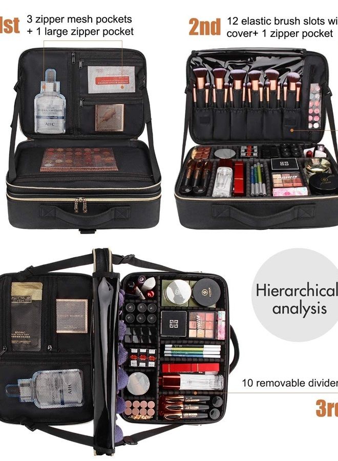 Makeup Case Large Makeup Bag Professional Train Case 16.5 inches Travel Cosmetic Organizer Brush Holder Waterproof Makeup Artist Storage Box, 3 Layer Large Capacity, with Adjustable Strap