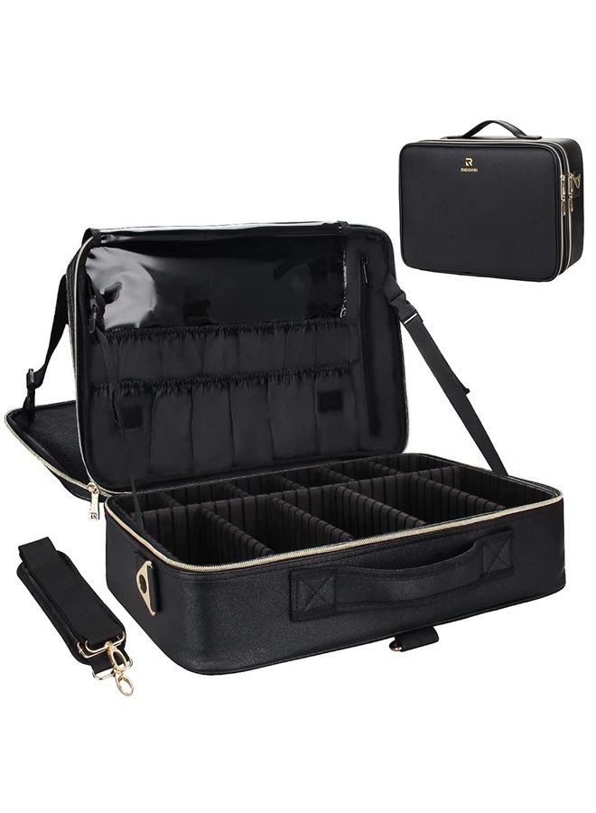 Makeup Case Large Makeup Bag Professional Train Case 16.5 inches Travel Cosmetic Organizer Brush Holder Waterproof Makeup Artist Storage Box, 3 Layer Large Capacity, with Adjustable Strap