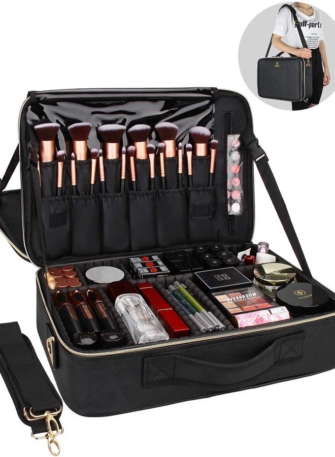 Makeup Case Large Makeup Bag Professional Train Case 16.5 inches Travel Cosmetic Organizer Brush Holder Waterproof Makeup Artist Storage Box, 3 Layer Large Capacity, with Adjustable Strap