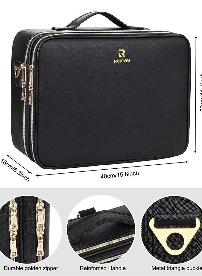 Makeup Case Large Makeup Bag Professional Train Case 16.5 inches Travel Cosmetic Organizer Brush Holder Waterproof Makeup Artist Storage Box, 3 Layer Large Capacity, with Adjustable Strap
