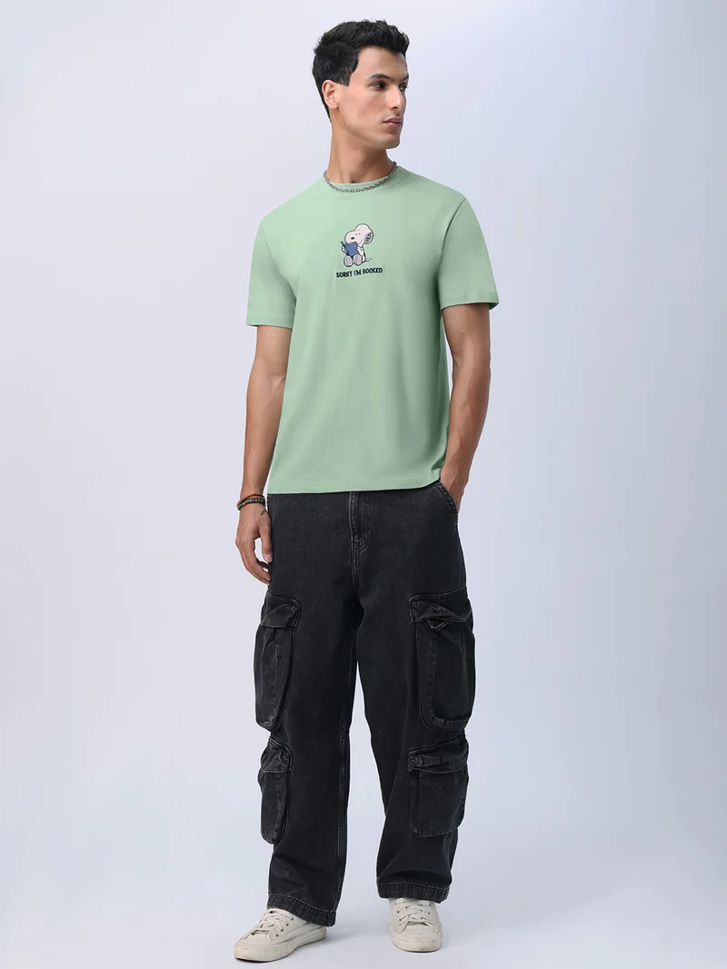 The Souled Store The Souled Store Men Peanuts Green Embroidered Relaxed T-Shirts