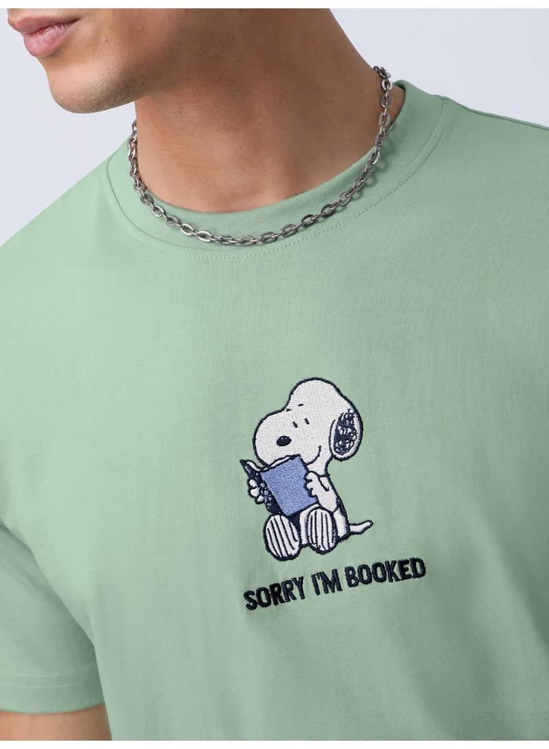 The Souled Store The Souled Store Men Peanuts Green Embroidered Relaxed T-Shirts