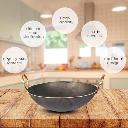 Shopsidex Shopsidex Heavy Base Iron Kadhai Kadai with Handle for Kitchen Deep Frying Kadai Free Stainless Steel Scrubber 5 Litter - Image 5