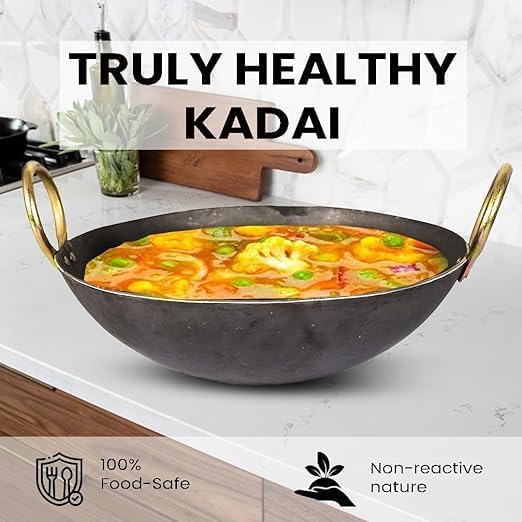 Shopsidex Shopsidex Heavy Base Iron Kadhai Kadai with Handle for Kitchen Deep Frying Kadai Free Stainless Steel Scrubber 5 Litter - Image 3