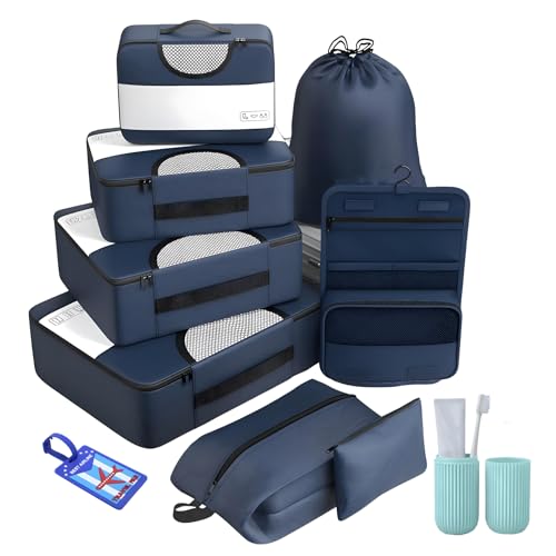 OCEANEVO Ethylene_Vinyl_Acetate Set of 10 Packing Cubes With Luggage Tag & Toothbrush Holder Travel Organiser Bags for Luggage Suitcase Organizer for clothes Shoe & Lingerie - Model 2.0 - Navy Blue - Image 1