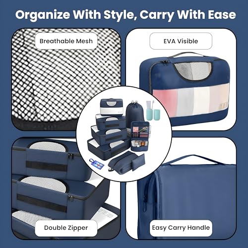 OCEANEVO Ethylene_Vinyl_Acetate Set of 10 Packing Cubes With Luggage Tag & Toothbrush Holder Travel Organiser Bags for Luggage Suitcase Organizer for clothes Shoe & Lingerie - Model 2.0 - Navy Blue - Image 3