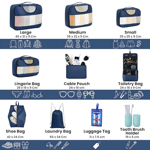 OCEANEVO Ethylene_Vinyl_Acetate Set of 10 Packing Cubes With Luggage Tag & Toothbrush Holder Travel Organiser Bags for Luggage Suitcase Organizer for clothes Shoe & Lingerie - Model 2.0 - Navy Blue - Image 2