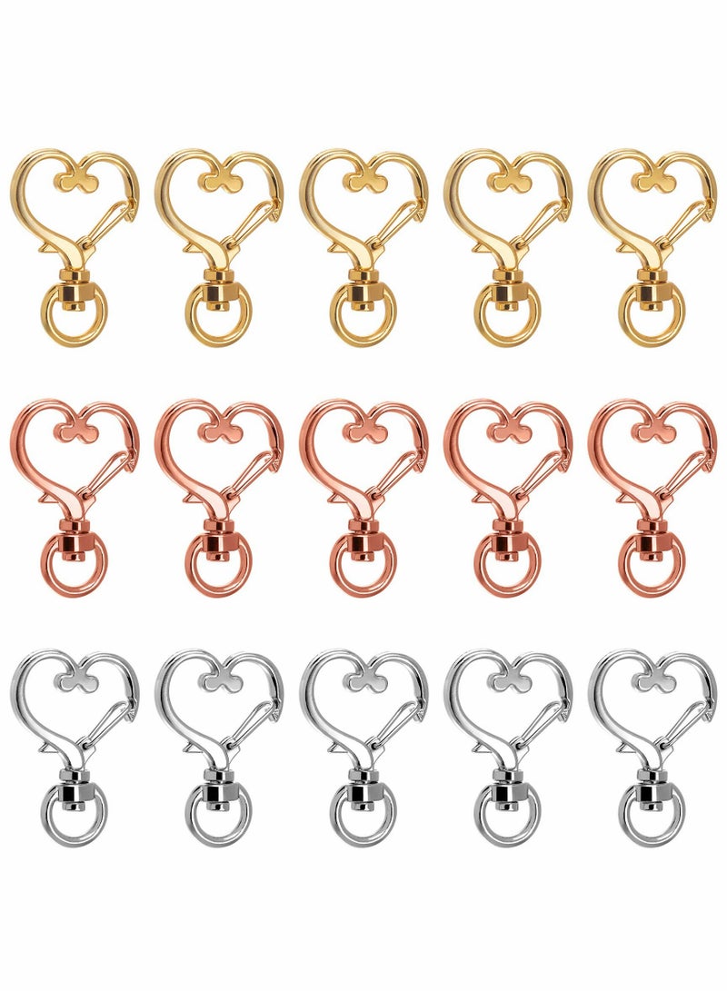 15 Pcs Heart-Shaped Alloy Swivel Lobster Claw Clasps with Key Rings - Durable Spring Snap Hooks for Crafting, DIY Projects, and Accessories - Image 1
