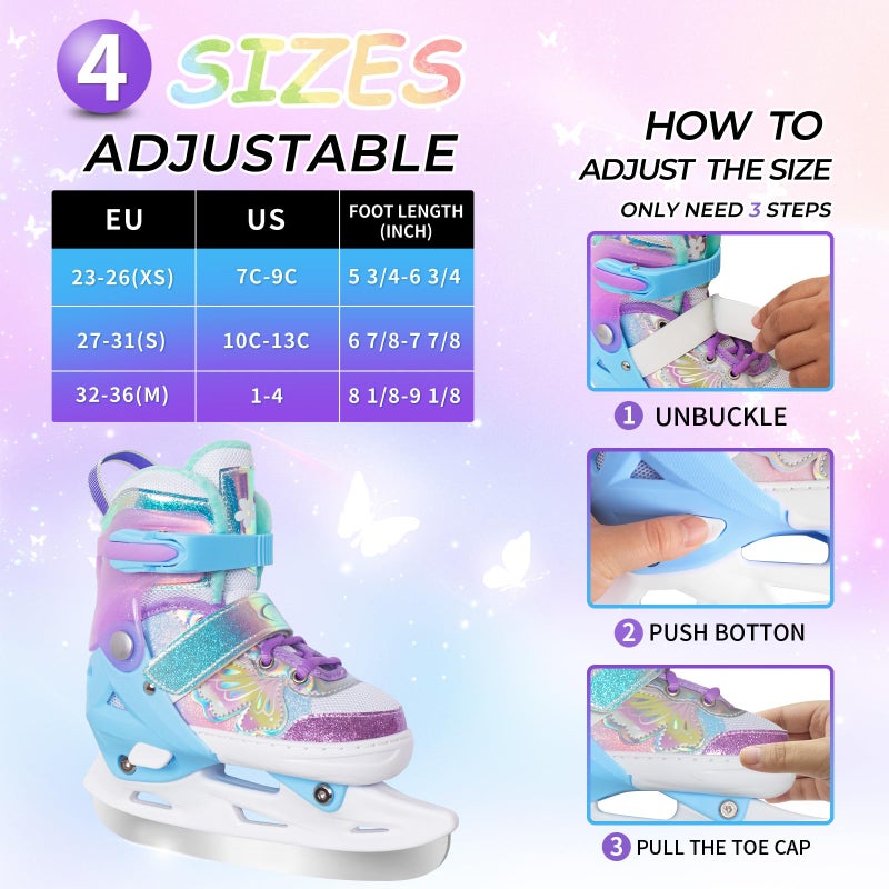 Nattork Girls Ice Skates for Kids 4 Size Adjustable Butterfly Ice Skate with Fleece Lining for Outdoor & Rink X-Small(7C-9C) Purple - Image 3
