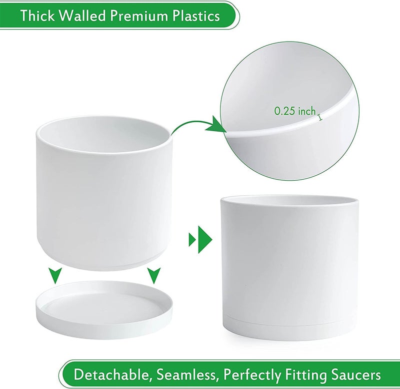 D'vine Dev 8 Inch Plastic Planter Pots for Plant Pot with Drainage Hole and Seamless Saucers, White Color, 74-X-A-1 - Image 4
