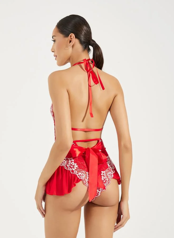 Styli Contrast Floral Lace Deep V Bodysuit with Big Satin Bow and Ruffle Cover Up