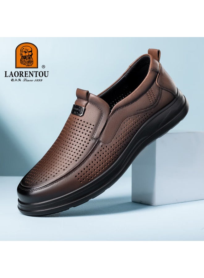 Laorentou Men's Leather Shoes, Hollow Design, Breathable For Summer, Casual Leather Shoes, Genuine Leather Business Casual Perforated Sandals, Ll176, Brown, Size 40