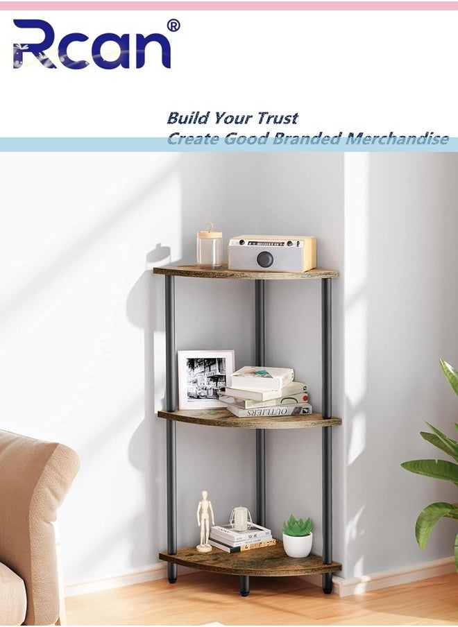 Rcan 3 Tier Corner Shelf Stand Industrial Corner Bookshelf With Metal Frame Plant Corner Display Shelf Corner Bookcase for Small Bedroom Living Room Rustic Brown  - Image 1