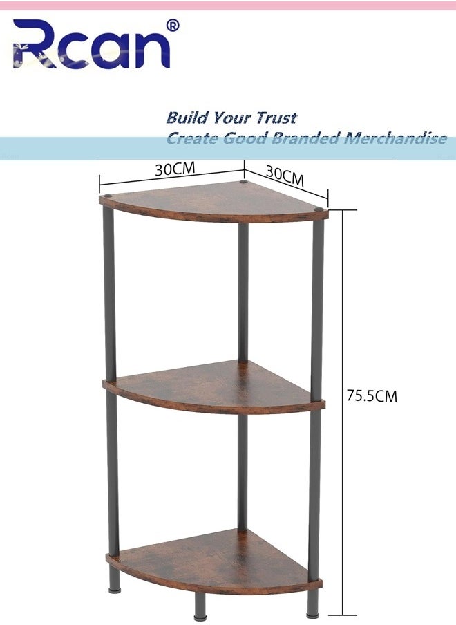 Rcan 3 Tier Corner Shelf Stand Industrial Corner Bookshelf With Metal Frame Plant Corner Display Shelf Corner Bookcase for Small Bedroom Living Room Rustic Brown  - Image 2