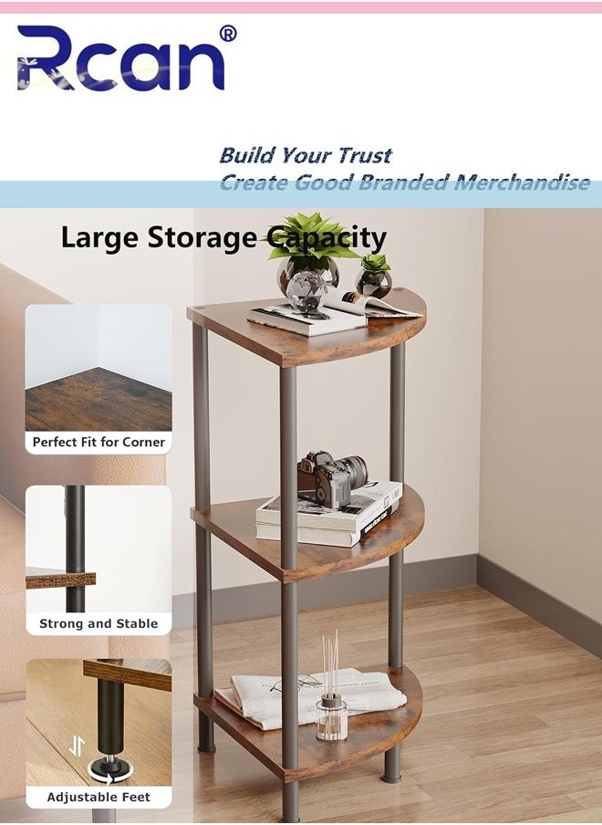 Rcan 3 Tier Corner Shelf Stand Industrial Corner Bookshelf With Metal Frame Plant Corner Display Shelf Corner Bookcase for Small Bedroom Living Room Rustic Brown  - Image 3