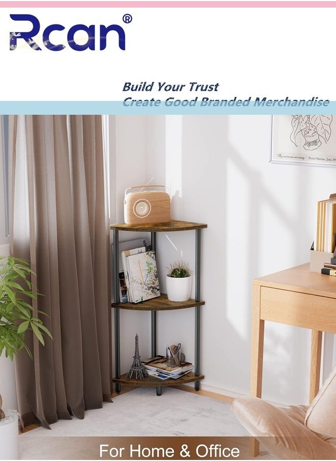 Rcan 3 Tier Corner Shelf Stand Industrial Corner Bookshelf With Metal Frame Plant Corner Display Shelf Corner Bookcase for Small Bedroom Living Room Rustic Brown  - Image 5