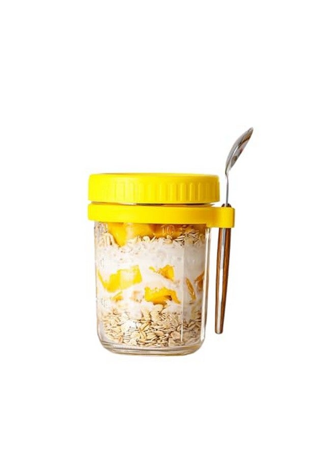 Ash & Roh 350 ml Overnight Oats Containers with Lids and Spoons, Glass Mason Jars for Overnight Oats Leak Proof Oatmeal Container Great for Cereal Fruit Vegetable Milk Salad Yogurt (Yellow 1) - Image 1