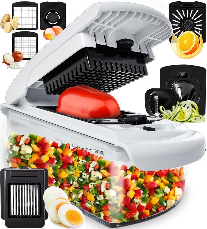 THE ORIGINAL PRO CHOPPER VEGETABLE CHOPPER AND SPIRALIZER FOOD CHOPPER WITH CONTAINER FRUIT SLICER KITCHEN GADGETS ACCESSORIES HOME ESSENTIALS 8 IN 1 WHITE