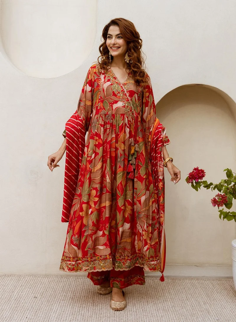 آي شين Women's Red Modal Muslin Printed Tunic Full Length Palazzo Straight Fit Kurta Set